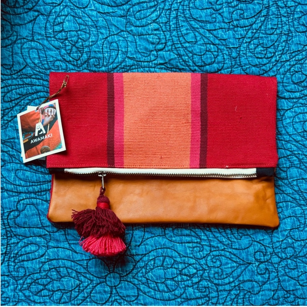 Woven Sheep’s Wool and Leather Clutch with Tassel NWT